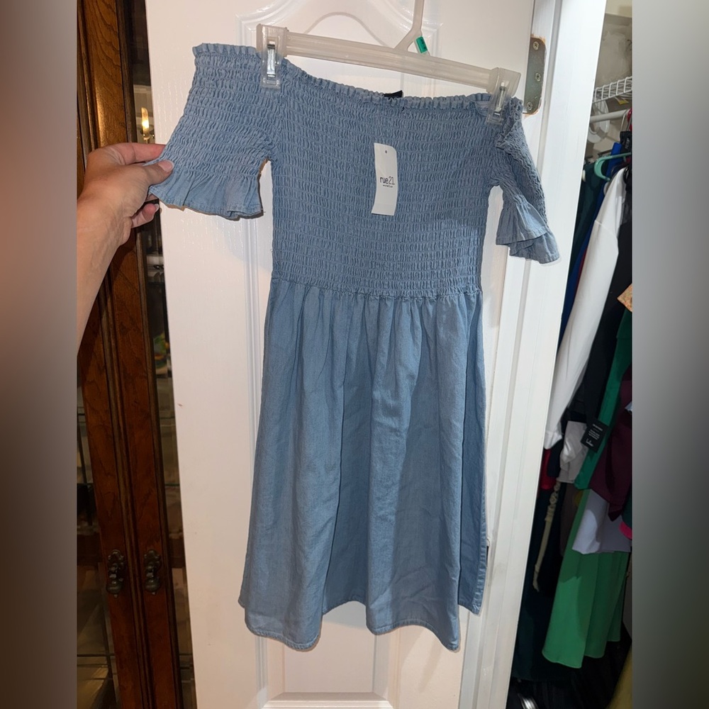 Light Blue Denim Off-Shoulder Mini Dress